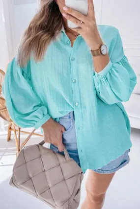 Chemise boutonnée coupe ample à manches bouffantes unies bleu islande